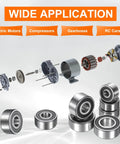 Wide application of Double Row Sealed Angular Ball Bearing for motors and pumps in machinery, showing various parts and bearings.