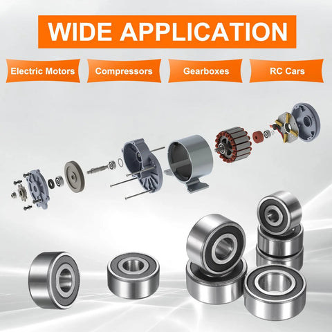 Wide application of Double Row Sealed Angular Ball Bearing for motors and pumps in machinery, showing various parts and bearings.