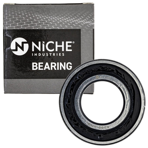 Pack of 10 double row angular contact bearings measuring 25 by 52 by 20.5 millimeters with 2RS seals, product packaging and bearing front view.