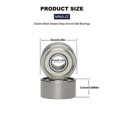 Diagram showing 20 Pack Double Shielded Miniature Ball Bearings 3x6x2.5mm with detailed measurements for compact applications.