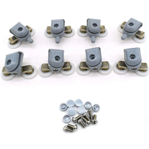 8 Pcs Double Shower Door Rollers Replacement Set, 23mm twin top & bottom wheels with spring loaded action and screw cover caps