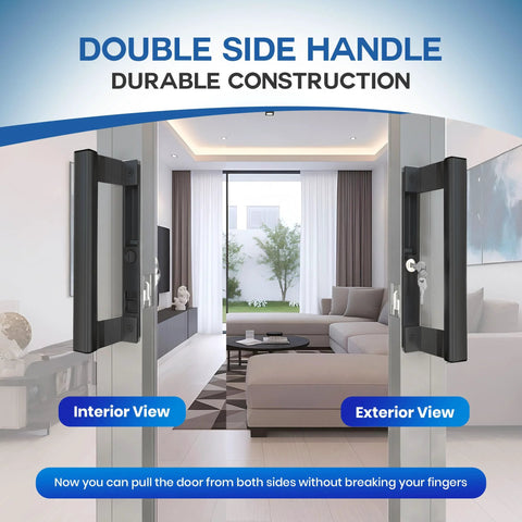 Sliding Glass Door Handle Set With Interior And Exterior Handles In Black 6-5/8 Inch Hole Spacing For Flush Mount Cutouts