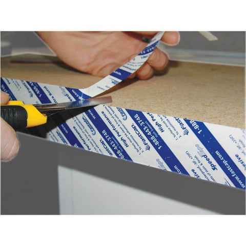 Applying SpeedTape Peel And Stick Double-Sided Adhesive Tape For Edge Banding Made For Woodworking And Diy Home Improvement Ultra Bond Transfer Adhesive Like Contact Cement On A Roll Clear One Inch By Fifty Feet Great For Veneers And Laminates Usa Made on wood surface