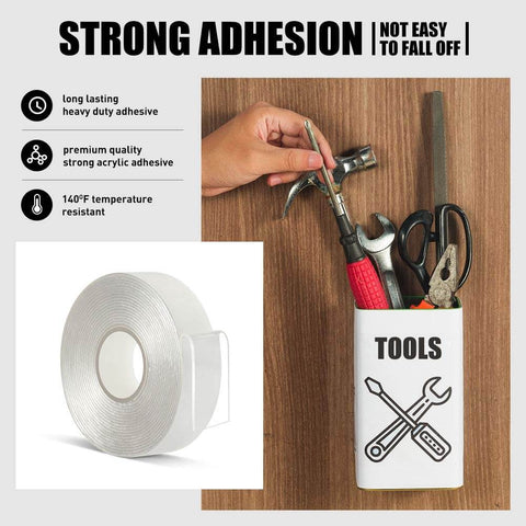 Transparent Double Sided Adhesive Tape 1/2 Inch By 10 Feet, Acrylic, Removable No Residue, Heavy Duty Mounting Tape image with tool display.