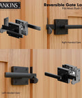 Beefy Black Heavy Duty Double Sided Gate Latch for Wooden Fence, reversible aluminum latch installed on wooden gate, two views.