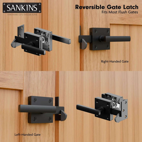 Beefy Black Heavy Duty Double Sided Gate Latch for Wooden Fence, reversible aluminum latch installed on wooden gate, two views.