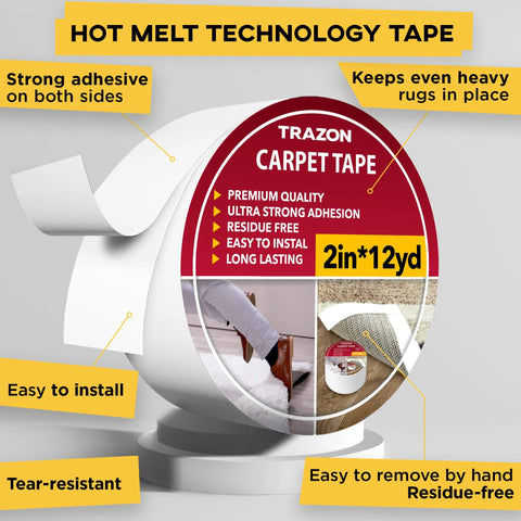 Double Sided Carpet Tape For Rugs And Hardwood Floors With Hot Melt Adhesive For Extra Sticking Power, Heavy Duty Removable Grip Tape