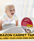 Child playing near double sided carpet tape for rugs and hardwood floors with hot melt adhesive, 2 inch by 12 yards roll shown