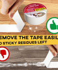 Double Sided Carpet Tape For Rugs And Hardwood Floors With Hot Melt Adhesive For Extra Sticking Power shown on different wood surfaces.