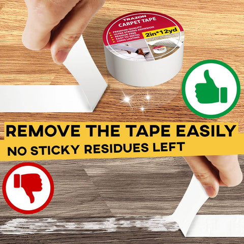 Double Sided Carpet Tape For Rugs And Hardwood Floors With Hot Melt Adhesive For Extra Sticking Power shown on different wood surfaces.