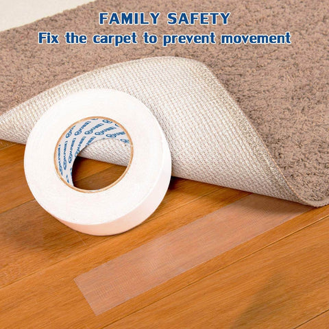Heavy Duty Double Sided Carpet Tape 4 Inch By 30 Yard Keeps Rugs In Place On Carpet Hardwood Floors Outdoor Rugs And Stair Treads No Residue Easy To Install White, shown with carpet on hardwood floor.