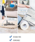 Heavy Duty Double Sided Carpet Tape 2 Inch By 40 Yard used under a rug with vacuum cleaner demonstrating durability and easy application