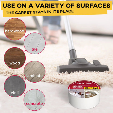 Vacuuming rug secured with Double Sided Carpet Tape For Rugs And Hardwood Floors With Hot Melt Adhesive For Extra Sticking Power, 2in x 12yd