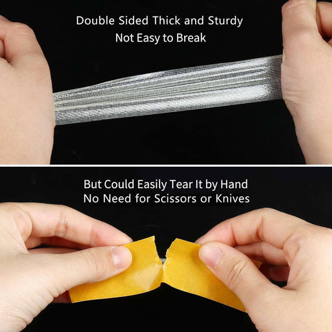 Hands demonstrating the flexibility and tearability of Heavy Duty Double Sided Mounting Tape 2 Inch By 66 Feet With Fiberglass Mesh.
