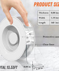 Extra Large Double Sided Tape Heavy Duty Removable 1.18 Inch By 160 Inch Clear Nano Tape shown with protective case and dimensions.