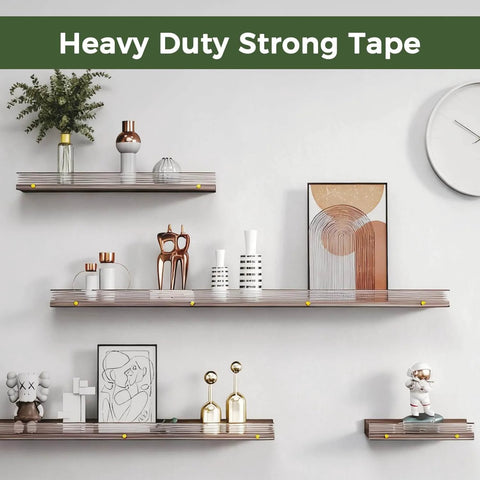 Wooden shelves mounted with Heavy Duty Double Sided Tape For Walls Mounting Removable Clear Adhesive Strips One Point One Eight Inch By One Hundred Twenty Inch Nano Tech Acrylic Gel No Nails No Drill For Pictures Posters Decor And Rug Carpet