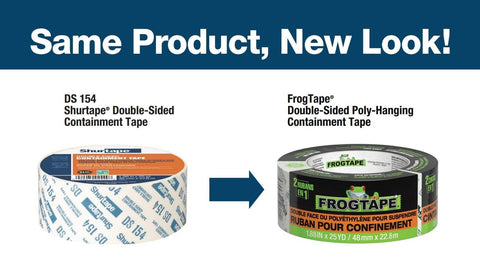 Image showing transition from Shurtape to FrogTape, both double-sided containment tapes for painting and remodeling.