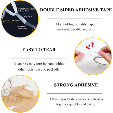 Diagram of six roll multi size double sided craft tape set, showing tape composition, ease of tearing, and strong adhesive properties.