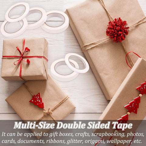 Six Roll Multi Size Double Sided Craft Tape Set For Scrapbooking Card Making Gift Boxes Arts And Photography Ultra Sticky Tape Gift Wrapping Paper Backing Translucent Cotton Paper Layer with wrapped gifts and tape rolls visible.