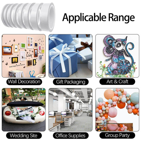 Ultra Thin Double Sided Craft Tape For Card Making Scrapbooking Gift Wrapping And Office And School Use Tear By Hand With Paper Backing Four Rolls One Quarter Inch By Thirty Two Yards Per Roll, image showing its versatile applications including wall decoration, gift packaging, art, weddings, office supplies, and parties.