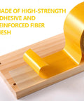 Yellow double sided fabric tape on wooden surface, showcasing heavy duty adhesive and reinforced fiber mesh.