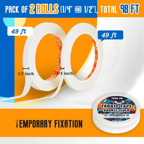 Double-Sided Fabric Tape For Quick Clothing Repairs No Sewing Or Ironing Needed Two Rolls One Quarter Inch And One Half Inch