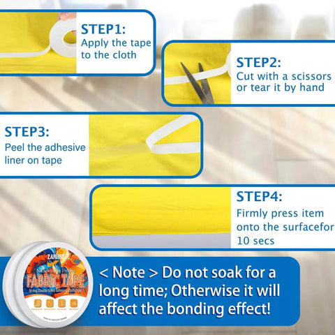 Double Sided Fabric Tape for No Sew Quick Hemming Strong Adhesive No Iron Needed application steps and package