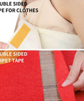 Image of Heavy Duty Double Sided Fabric Tape For Carpets And Rugs Crazy Sticky For Home And Office Use, showing usage on clothes and carpet.