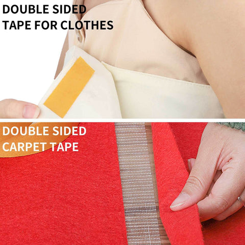 Image of Heavy Duty Double Sided Fabric Tape For Carpets And Rugs Crazy Sticky For Home And Office Use, showing usage on clothes and carpet.