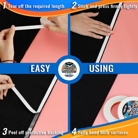 Using Double-Sided Fabric Tape For Quick Clothing Repairs No Sewing Or Ironing Needed Two Rolls, showing application steps.