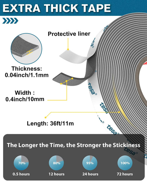 Industrial Strength Double Sided Mounting Tape 0.4 Inch By 36 Foot Foam Adhesive with dimensions and adhesive strength chart