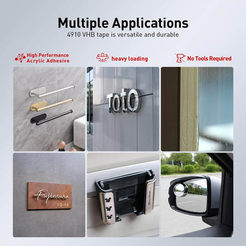 Multiple uses of Heavy Duty Double Sided Foam Mounting Tape 1/2 Inch By 13.8 Feet Clear Waterproof Adhesive on various surfaces.