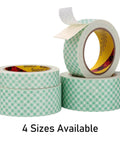 Double Sided Foam Tape Half Inch By 10 Feet For Bonding And Mounting Interior Signage Nameplates DIY Projects, Crazy Sticky Adhesion On Metal Glass Tile Wood Plastic White 1 Pack, four rolls, green pattern, three stacked, one upright with peel