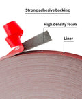 Heavy Duty Double Sided Foam Tape Waterproof Mounting Adhesive Tape For LED Strip Lights And Home Office Decor 108 Ft Long 0.39 Inch Wide 0.03 Inch Thick Ultra Strong Adhesive For Painted Surfaces Cars DIY Projects close-up showing adhesive backing and foam layers