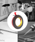 Heavy Duty Double Sided Foam Tape 15.6 Ft Long, 1/4 Inch Wide, shown with tools like rivets, screws, welding, and adhesives.