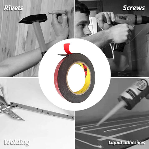 Heavy Duty Double Sided Foam Tape 15.6 Ft Long, 1/4 Inch Wide, shown with tools like rivets, screws, welding, and adhesives.