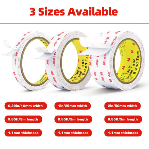 Three rolls of Heavy Duty Double Sided Foam Tape 0.39 Inch Wide By 9.85 Feet Long Removable Mounting Tape, showing different available sizes.