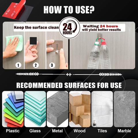 Usage instructions and recommended surfaces for Navona 16Pack Heavy Duty Double Sided Mounting Tape – VHB 5952 Foam Tape.