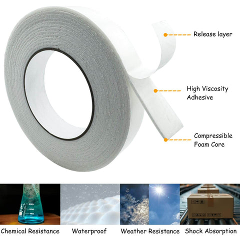 Heavy Duty Double Sided Foam Tape With Crazy Sticky Adhesion For Wall Art, Office Decor, Posters And Bonding, White, 4 Rolls