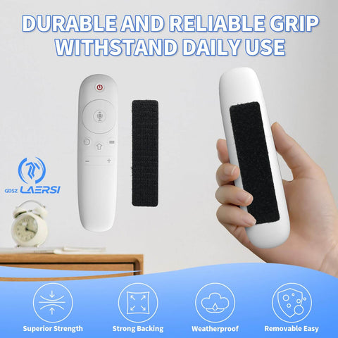 Heavy Duty Double Sided Hook And Loop Tape Adhesive Strips 1x4 Inches Set Of 20 for Quick No Drill Mounting shown with remote
