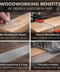 Pro-Grade Double-Sided Woodworking Tape in use for holding wood templates and mounting boards, showing benefits and clean removal.