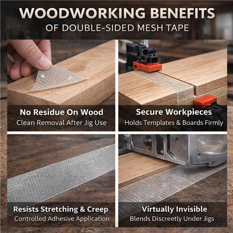 Pro-Grade Double-Sided Woodworking Tape in use for holding wood templates and mounting boards, showing benefits and clean removal.