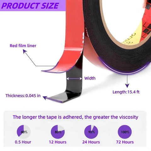 Heavy Duty Double Sided Mounting Tape Waterproof Adhesive Strip For Indoor Outdoor Use Quarter Inch Thick By Fifteen Point Four Feet Long Ultra Strong Grip For Automotive Trim LED Light Strips Home Decor And Garage Organization showing thickness and length details