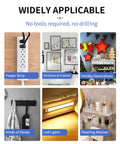 Collage showing Heavy Duty Double Sided Mounting Tape applications: power strip, frames, holiday decor, hooks, LED lights, shelves