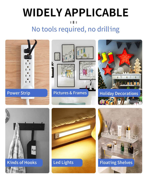 Collage showing Heavy Duty Double Sided Mounting Tape applications: power strip, frames, holiday decor, hooks, LED lights, shelves