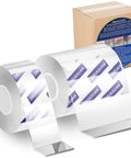 Two rolls of extra wide double sided mounting tape heavy duty clear adhesive strips with box labeled 'ZMUXAXUAN' for pictures frames hangers