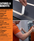 Heavy Duty Mounting Tape That Sticks Like A Champ With Double Sided Adhesive And Instant Hold For A Permanent Bond Reinforced Mesh For Extra Strength Holds Up To Forty Five Pounds On Painted Indoor Surfaces One Inch By Sixty Inches Black Pack Of One features and benefits infographic and person applying tape on wall.