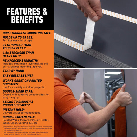 Heavy Duty Mounting Tape That Sticks Like A Champ With Double Sided Adhesive And Instant Hold For A Permanent Bond Reinforced Mesh For Extra Strength Holds Up To Forty Five Pounds On Painted Indoor Surfaces One Inch By Sixty Inches Black Pack Of One features and benefits infographic and person applying tape on wall.