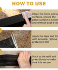 Instructions on using Double Sided Heavy Duty Adhesive Tape For Hanging Decorations And Lights Indoors Or Outdoors showing cleaning, cutting, and application.