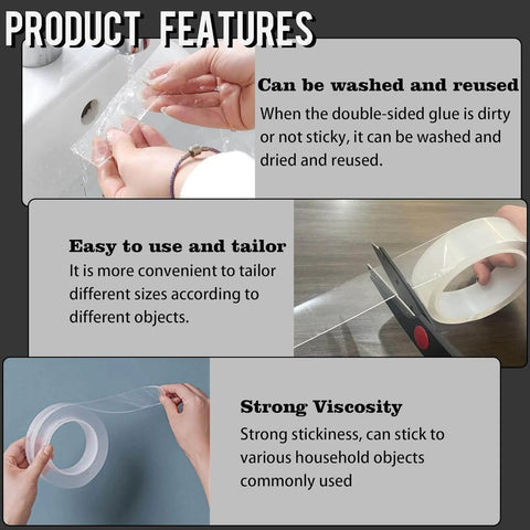 Demonstration of Double Sided Nano Tape 2 Inch By 33 Feet Heavy Duty Mounting Gel Tape being washed, cut, and displayed.